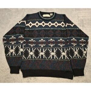 Vintage Michael Gerald Sweater Mens Large Black Blue Geometric Knit Pullover 90s